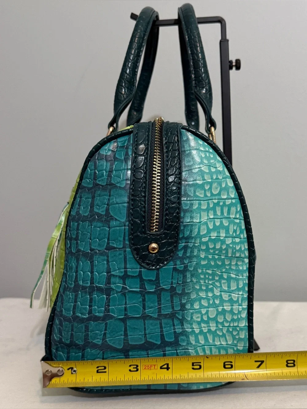 Teal Lime Ombre Croc Embossed Satchel Crossbody Bag Faux Leather